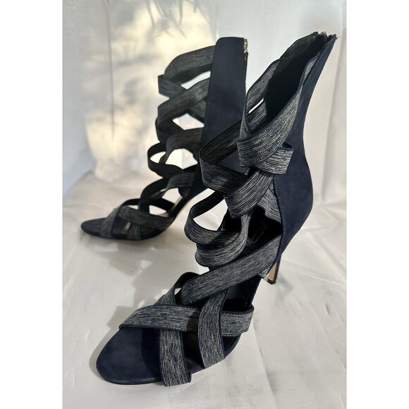 Daya by Zendaya Women Blue Denim Caged Heels Elastic Straps Open Toe Size 10 - Picture 1 of 8